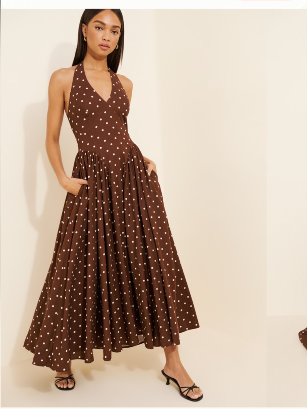 Hutch Brown and White Polka Dot Halter Maxi Dress